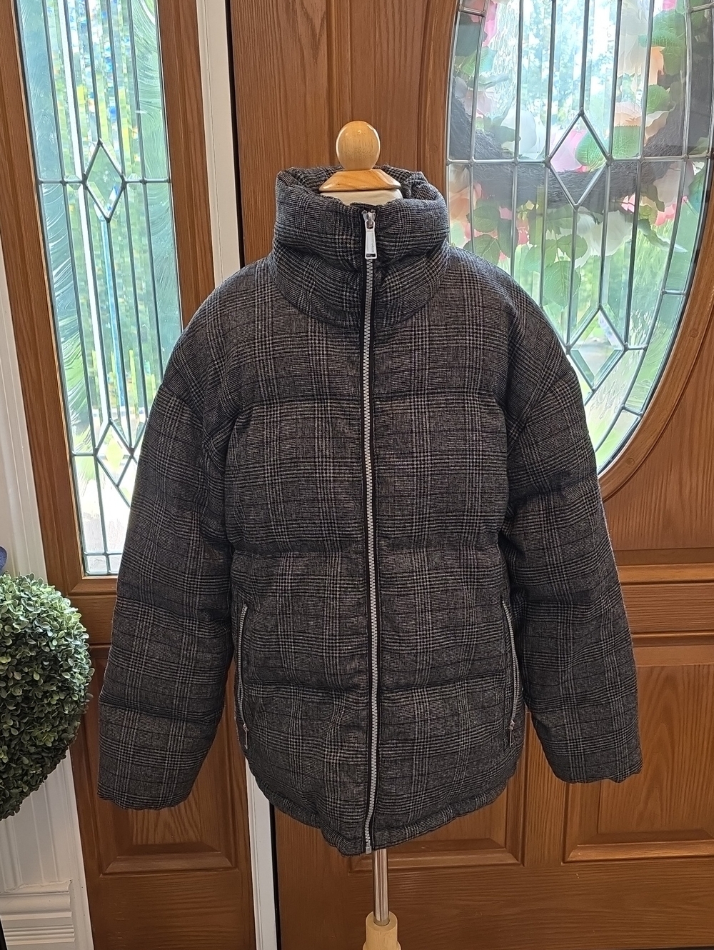 BCBGeneration Gray Plaid Puffer Jacket with High Collar